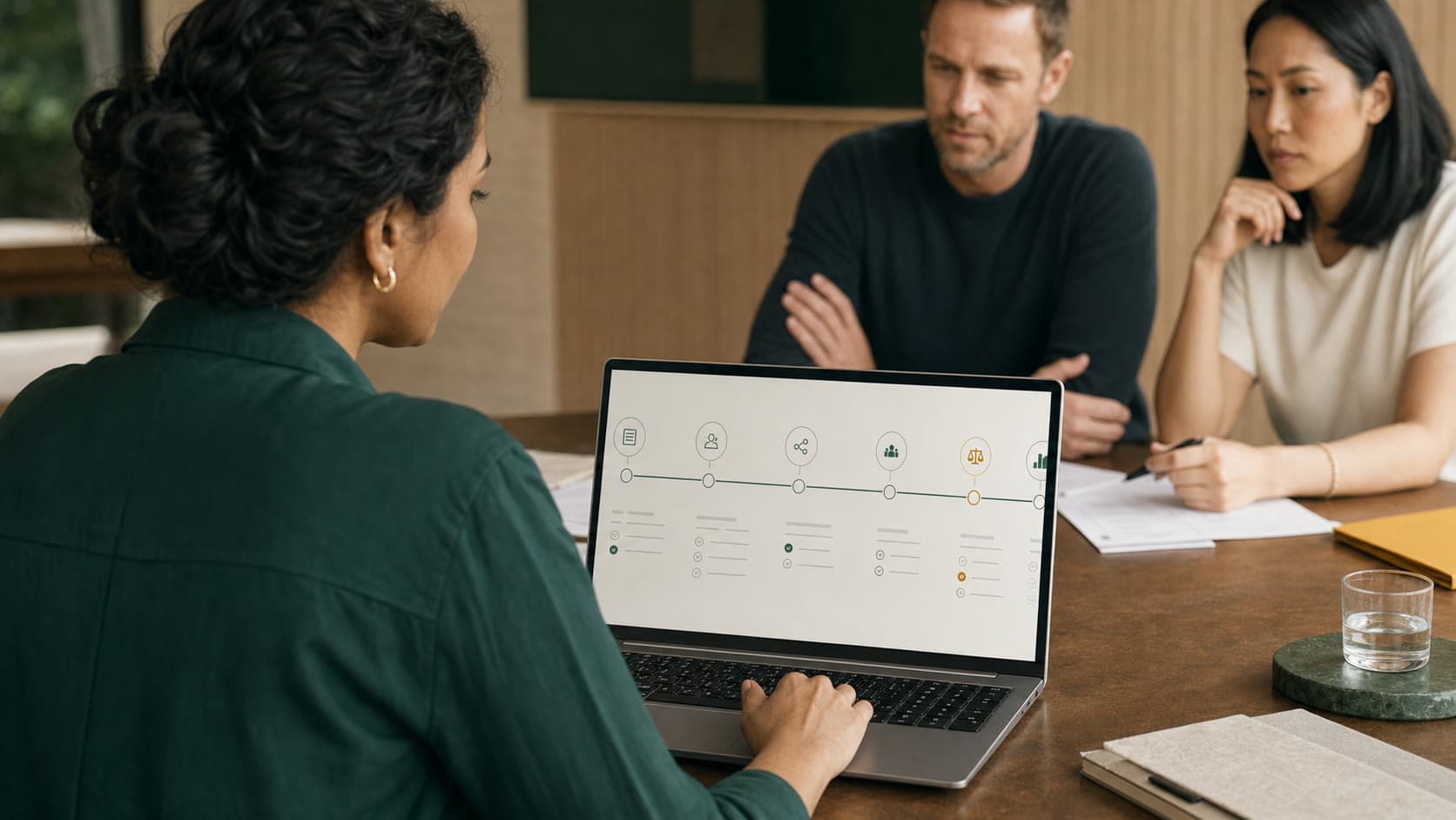 A small business team reviewing an implementation workflow