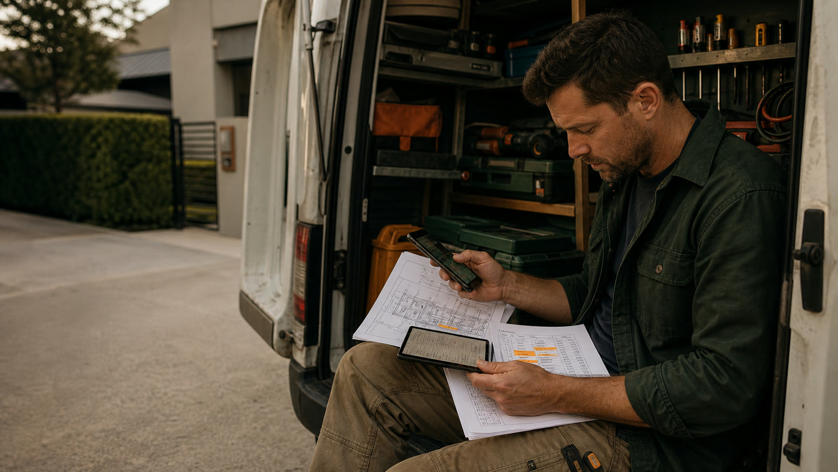 A field operator working between a phone, tablet and paper plans